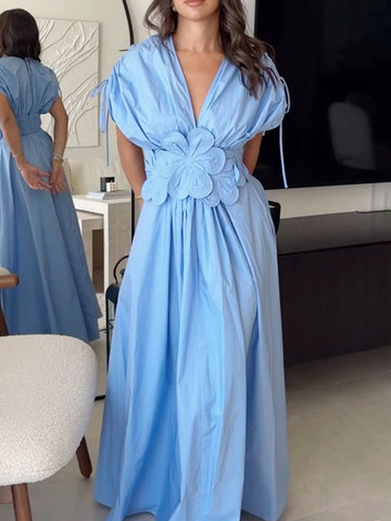 Woochic robe longue col en V fleurie à lacets plissé couture bleu S